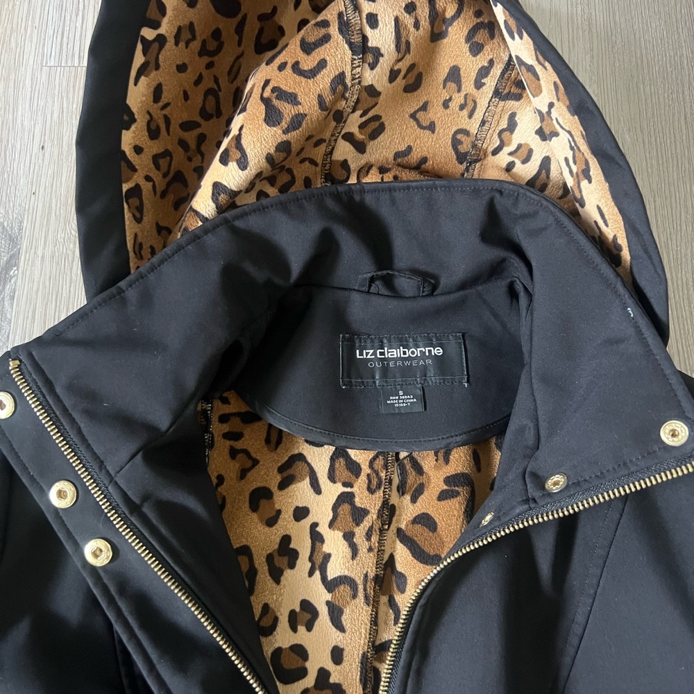 Liz Claiborne Black Trench Coat with Leopard Lining - Picture 2 of 6